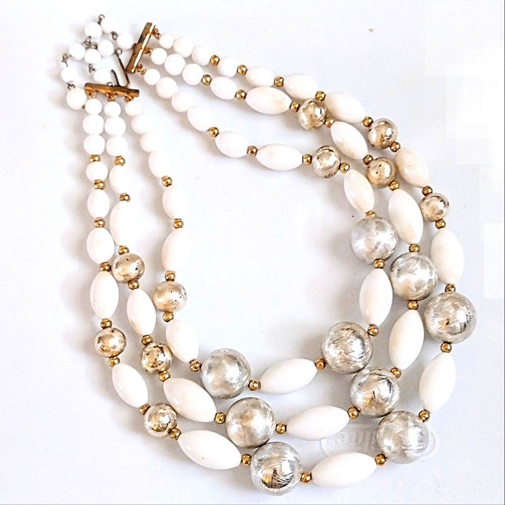 🤍 Vintage 3 Strand Brushed Silver Gold White Bead Layered Choker Necklace